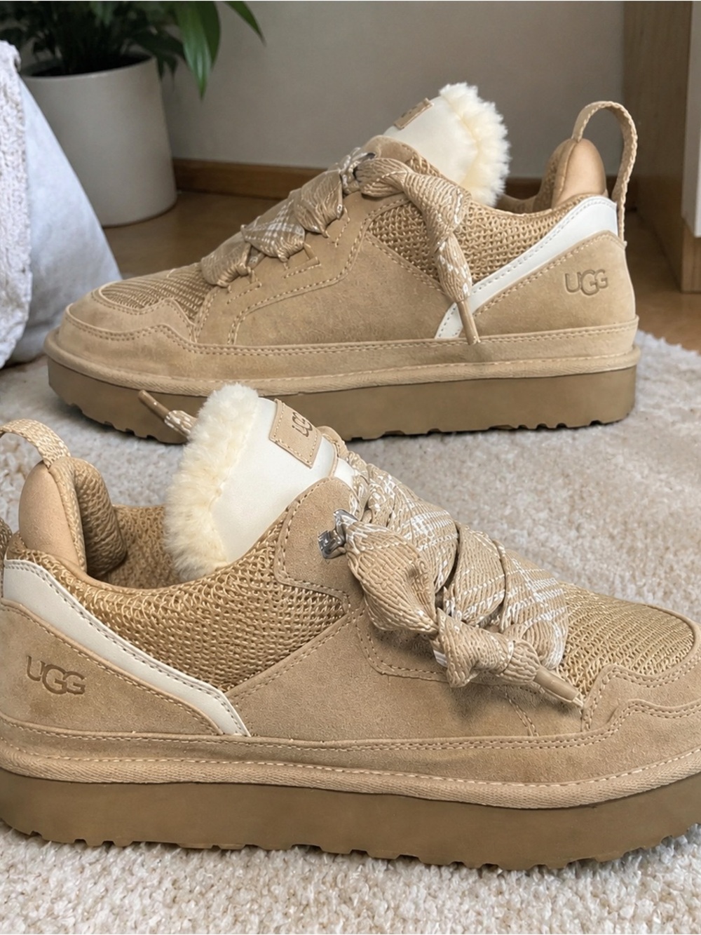 UGG Women’s Beige Suede Sneakers with Shearling Collar